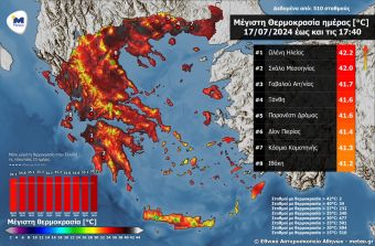 Τετάρτη 17/7: Ξεπέρασε τους 42 βαθμούς ο υδράργυρος στη Μεσσηνία - Στους 39 στην Καρδίτσα