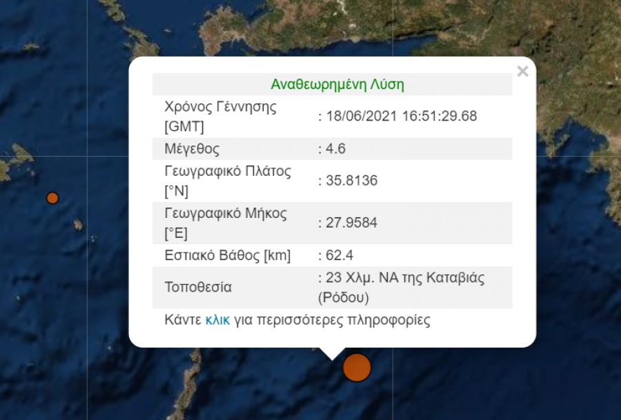 Σεισμός 4,6 ρίχτερ νοτιοανατολικά της Ρόδου