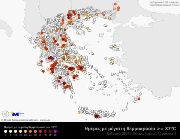 Ανάλυση των ημερήσιων τιμών θερμοκρασίας του φετινού (2024) καλοκαιριού από το Εθνικό Αστεροσκοπείο