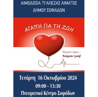 Την Τετάρτη 16 Οκτωβρίου 2024 η Εθελοντική αιμοδοσία του Δήμου Σοφάδων